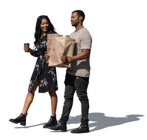 cut out black man and woman with grocery bag walkig