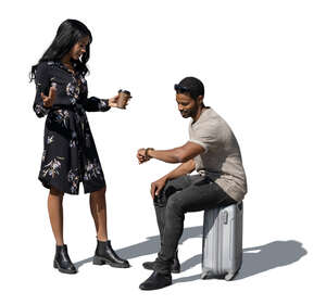 cut out man and woman with travel suitcases waiting and talking