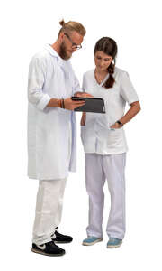 two cut out medical workers standing and talking