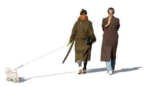 two cut out women in brown overcoats and a dog walking