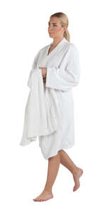 cut out woman in a white bathrobe walking