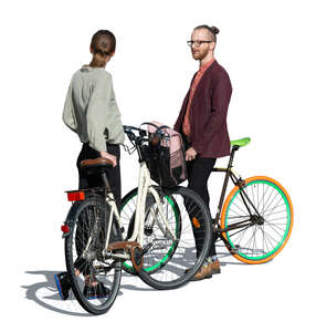 cut out man and woman with bicycles standing and talking