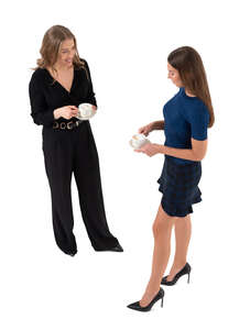 cut out top view of two women standing and drinking coffee