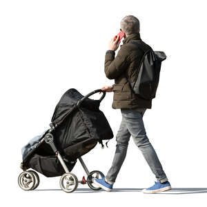 cut out man with a baby carriage walking and talking on a phone