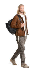 cut out young man in a brown leather jacket walking