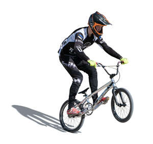 cut out young man with a helmet riding a trick bike