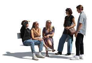 cut out group of five young people sitting and standing and talking