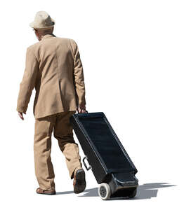 cut out elderly man in a brown suit and retro suitcase walking