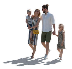 cut out backlit family with two kids walking in summer