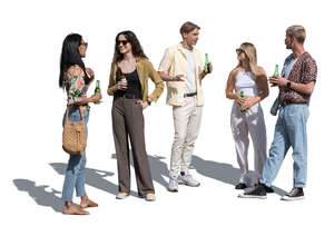 cut out group of five young people standing and drinking and talking