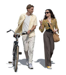 cut out man with a bike talking to a woman walking beside him