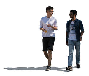 two cut out men walking in partial shade and talking