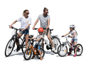 cut out family on bikes standing and talking