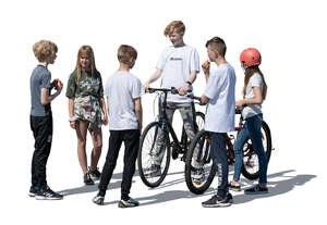 cut out group of children with bikes standing and talking