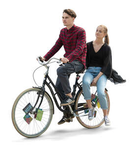 cut out man riding a bike with a woman sitting on the rack