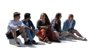 five cut out young people sitting on the sidewalk