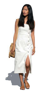 cut out asian woman in a white summer dress walking