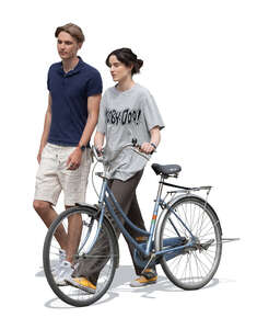 cut out man and a woman with a bike walking and talking