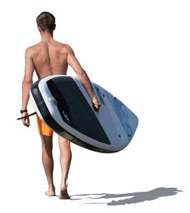 cut out young man carrying a sup board walking on the beach