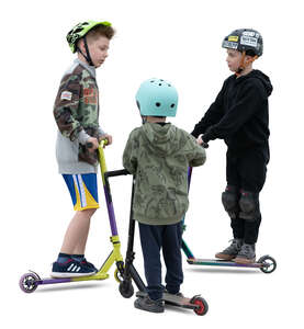 three cut out boys with scooters standing and talking