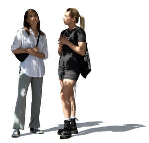 two cut out women in partial sunlight standing and talking