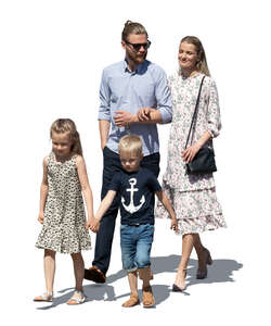cut out family with two kids walking on a sunny summer day