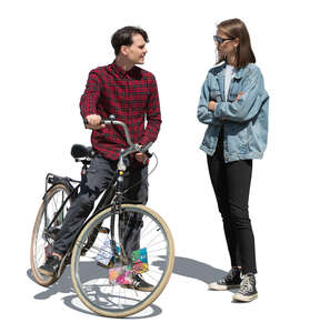 cut out man with a bike standing and talking to his friend