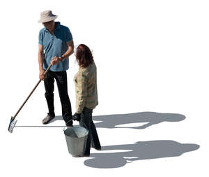 cut out top view of an elderly man and woman working in the garden