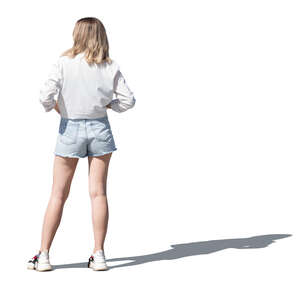 cut out woman in denim shorts standing