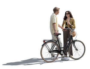 cut out man with a bike talking to a young woman