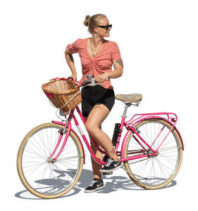 cut out young woman with a pink bike