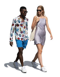 cut out man and woman walking and talking on a sunny summer day
