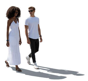 cut out man and woman in white summer clothes walking