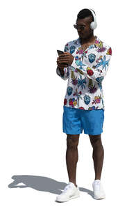 cut out young black man standing and listening to music from his phone