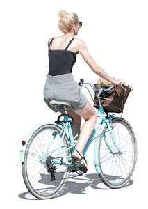 cut out young woman riding a blue city bike