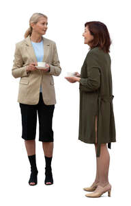 two cut out women on a coffee break standing and talking