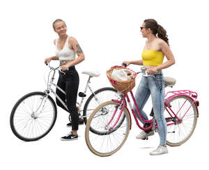 two cut out young women with bikes standing and talking