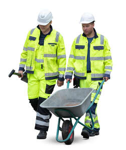 two cut out workers with a wheelbarrow walking