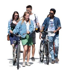 cut out group of young people with bikes walking and talking