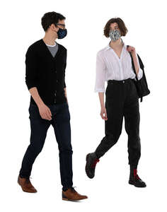 cut out man and woman with face masks walking