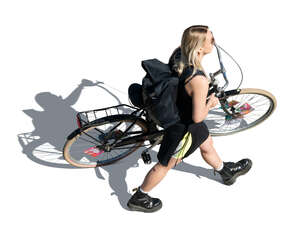 cut out top view of a woman with a bike walking