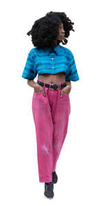 cut out woman in pink pants standing