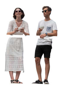 cut out man and woman standing on a balcony and drinking coffee