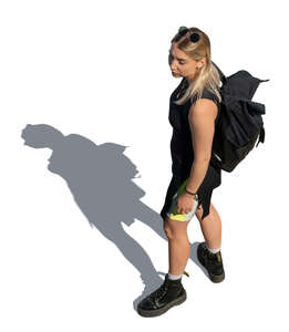 cut out top view of a woman with a backback standing