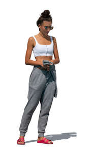 cut out woman in grey sweat pants standing
