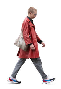 cut out young man in a red leather coat walking