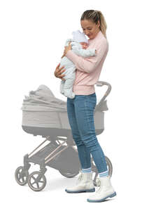 cut out woman standing and holding a little baby