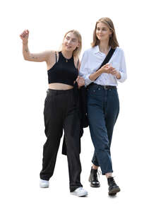 two cut out young women walking and talking