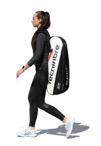 cut out sporty woman with a tennis bag walking