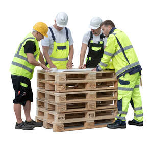 cut out group of workmen standing and discussing plans